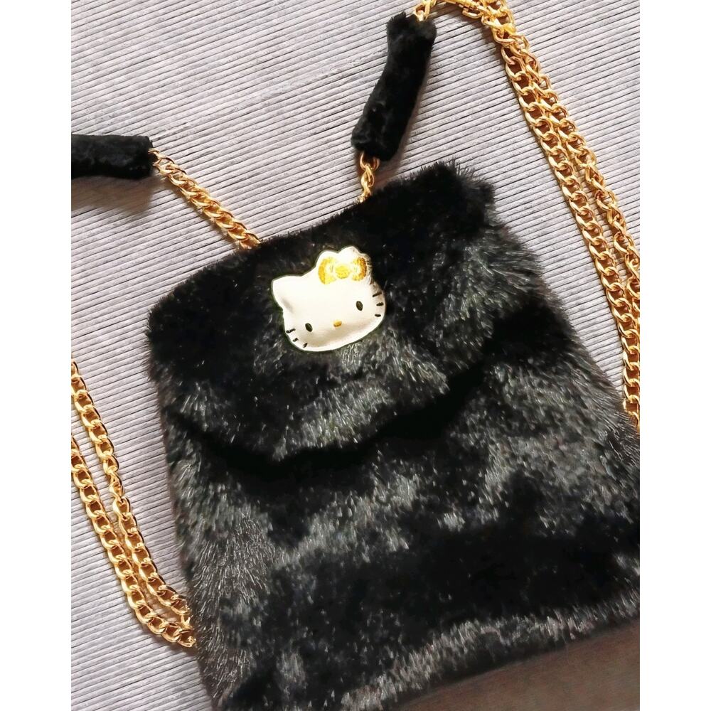 Hello Kitty Rare Black Faux Fur Leather Backpack Purse w/ Brass Chains